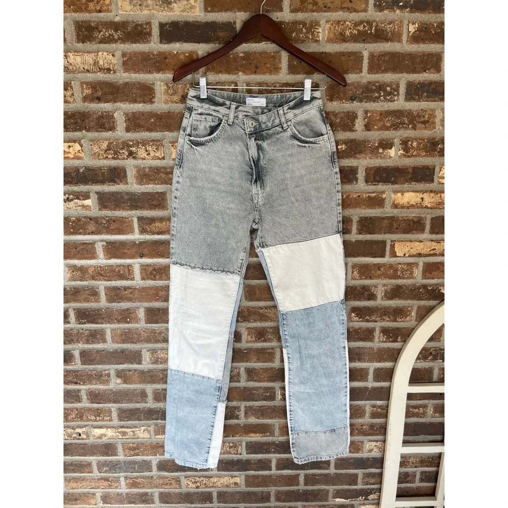 ASOS Bershka High Waist Patchwork Denim Straight Jeans